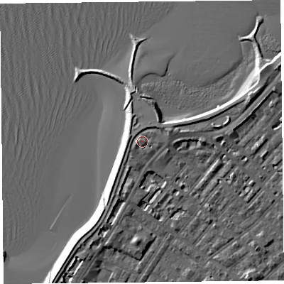 Shaded relief map of the ground around LA31HQ, computed from Environment Agency LiDAR. The ground here sits at about 8 m above sea level and falls 6 m across the surrounding 800 m. Surface water reaching this point runs off ground lying to the west, 1.0 m higher.