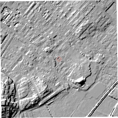 Shaded relief map of the ground around LA31HR, computed from Environment Agency LiDAR. The ground here sits at about 5 m above sea level and falls 14 m across the surrounding 800 m. Surface water reaching this point runs off ground lying to the north-west, 2.4 m higher.