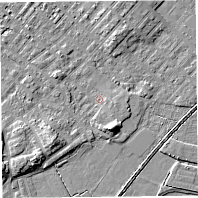 Shaded relief map of the ground around LA31HS, computed from Environment Agency LiDAR. The ground here sits at about 5 m above sea level and falls 7 m across the surrounding 800 m. Surface water reaching this point runs off ground lying to the south-south-east, 4.3 m higher.