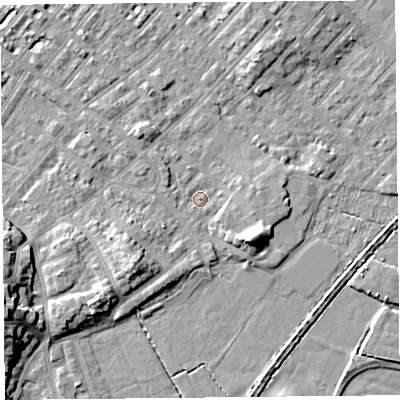 Shaded relief map of the ground around LA31HT, computed from Environment Agency LiDAR. The ground here sits at about 5 m above sea level and falls 12 m across the surrounding 800 m. Surface water reaching this point runs off ground lying to the west-south-west, 11.1 m higher.