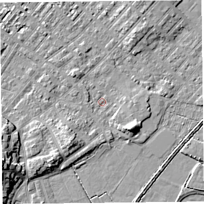 Shaded relief map of the ground around LA31HU, computed from Environment Agency LiDAR. The ground here sits at about 5 m above sea level and falls 14 m across the surrounding 800 m. Surface water reaching this point runs off ground lying to the west-south-west, 13.1 m higher.
