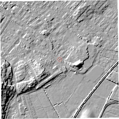 Shaded relief map of the ground around LA31HZ, computed from Environment Agency LiDAR. The ground here sits at about 5 m above sea level and falls 14 m across the surrounding 800 m. Surface water reaching this point runs off ground lying to the south-west, 5.8 m higher.