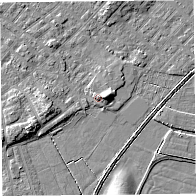 Shaded relief map of the ground around LA31JA, computed from Environment Agency LiDAR. The ground here sits at about 7 m above sea level and falls 7 m across the surrounding 800 m. Surface water reaching this point runs off ground lying to the east, 3.7 m higher.