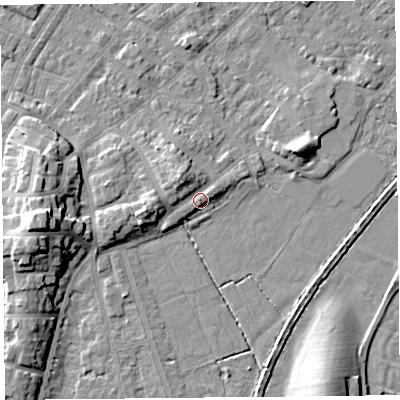 Shaded relief map of the ground around LA31JB, computed from Environment Agency LiDAR. The ground here sits at about 7 m above sea level and falls 14 m across the surrounding 800 m. Surface water reaching this point runs off ground lying to the north-west, 3.9 m higher.