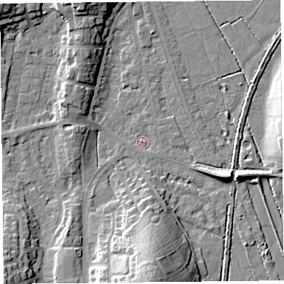 Shaded relief map of the ground around LA31LX, computed from Environment Agency LiDAR. The ground here sits at about 5 m above sea level and falls 17 m across the surrounding 800 m. Surface water reaching this point runs off ground lying to the south-east, 1.2 m higher.