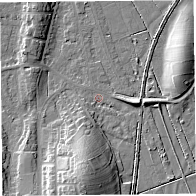 Shaded relief map of the ground around LA31LY, computed from Environment Agency LiDAR. The ground here sits at about 5 m above sea level and falls 17 m across the surrounding 800 m. Surface water reaching this point runs off ground lying to the west-south-west, 2.0 m higher.