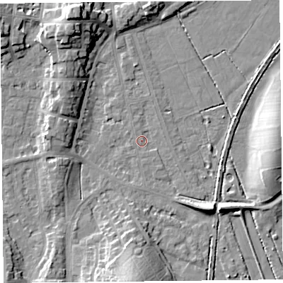 Shaded relief map of the ground around LA31NA, computed from Environment Agency LiDAR. The ground here sits at about 5 m above sea level and falls 15 m across the surrounding 800 m. Surface water reaching this point runs off ground lying to the south, 0.8 m higher.