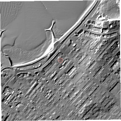 Shaded relief map of the ground around LA31QE, computed from Environment Agency LiDAR. The ground here sits at about 6 m above sea level and falls 13 m across the surrounding 800 m. Surface water reaching this point runs off ground lying to the north, 2.8 m higher.