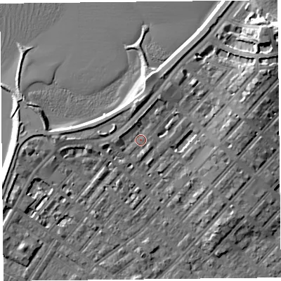 Shaded relief map of the ground around LA31QF, computed from Environment Agency LiDAR. The ground here sits at about 6 m above sea level and falls 13 m across the surrounding 800 m. Surface water reaching this point runs off ground lying to the north, 2.1 m higher.