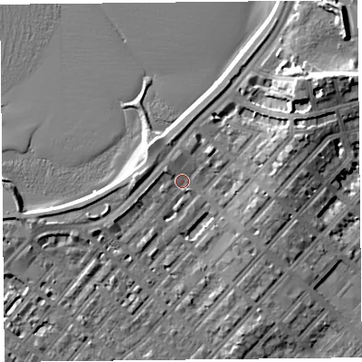 Shaded relief map of the ground around LA31QG, computed from Environment Agency LiDAR. The ground here sits at about 7 m above sea level and falls 13 m across the surrounding 800 m. Surface water reaching this point runs off ground lying to the north-east, 10.2 m higher.