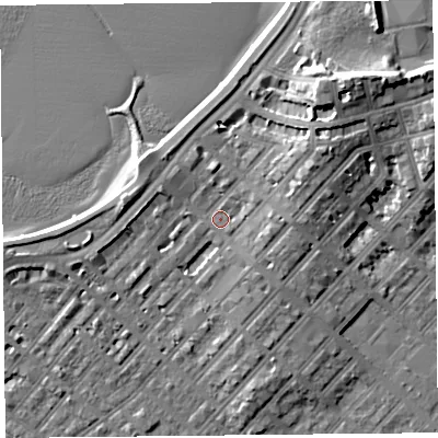 Shaded relief map of the ground around LA31QN, computed from Environment Agency LiDAR. The ground here sits at about 7 m above sea level and falls 13 m across the surrounding 800 m. Surface water reaching this point runs off ground lying to the east-north-east, 6.2 m higher.