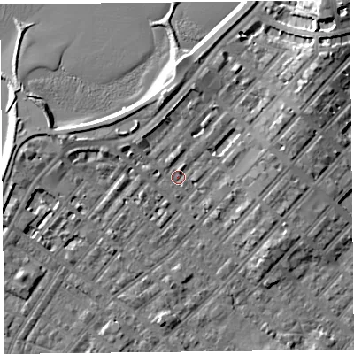 Shaded relief map of the ground around LA31QP, computed from Environment Agency LiDAR. The ground here sits at about 6 m above sea level and falls 13 m across the surrounding 800 m. Surface water reaching this point runs off ground lying to the north-east, 9.6 m higher.