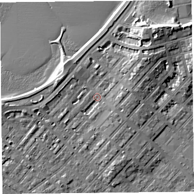 Shaded relief map of the ground around LA31QQ, computed from Environment Agency LiDAR. The ground here sits at about 6 m above sea level and falls 13 m across the surrounding 800 m. Surface water reaching this point runs off ground lying to the north-east, 5.5 m higher.