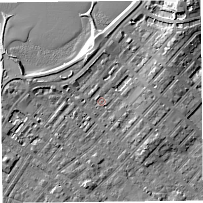 Shaded relief map of the ground around LA31QR, computed from Environment Agency LiDAR. The ground here sits at about 6 m above sea level and falls 13 m across the surrounding 800 m. Surface water reaching this point runs off ground lying to the east-north-east, 3.3 m higher.
