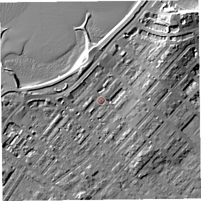 Shaded relief map of the ground around LA31QT, computed from Environment Agency LiDAR. The ground here sits at about 6 m above sea level and falls 13 m across the surrounding 800 m. Surface water reaching this point runs off ground lying to the north-east, 9.5 m higher.