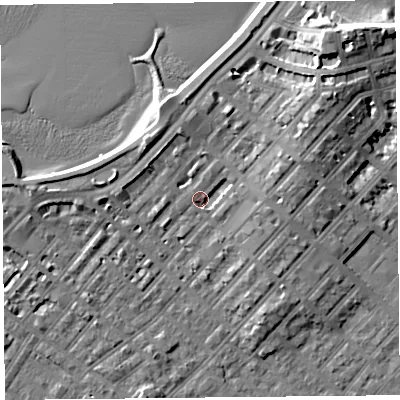 Shaded relief map of the ground around LA31QX, computed from Environment Agency LiDAR. The ground here sits at about 6 m above sea level and falls 13 m across the surrounding 800 m. Surface water reaching this point runs off ground lying to the east, 3.3 m higher.