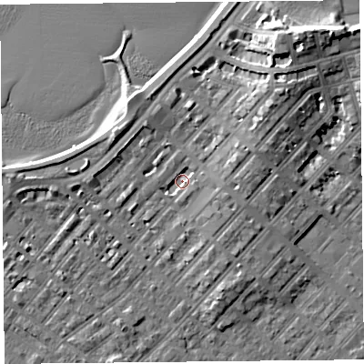Shaded relief map of the ground around LA31QY, computed from Environment Agency LiDAR. The ground here sits at about 5 m above sea level and falls 13 m across the surrounding 800 m. Surface water reaching this point runs off ground lying to the east, 3.3 m higher.