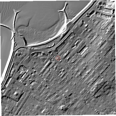 Shaded relief map of the ground around LA31RB, computed from Environment Agency LiDAR. The ground here sits at about 6 m above sea level and falls 12 m across the surrounding 800 m. Surface water reaching this point runs off ground lying to the north-north-east, 2.9 m higher.