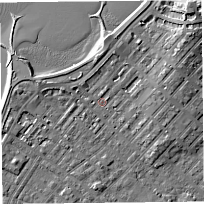 Shaded relief map of the ground around LA31RE, computed from Environment Agency LiDAR. The ground here sits at about 6 m above sea level and falls 13 m across the surrounding 800 m. Surface water reaching this point runs off ground lying to the north-east, 9.5 m higher.