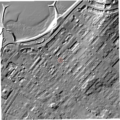 Shaded relief map of the ground around LA31RG, computed from Environment Agency LiDAR. The ground here sits at about 6 m above sea level and falls 12 m across the surrounding 800 m. Surface water reaching this point runs off ground lying to the north-east, 9.4 m higher.