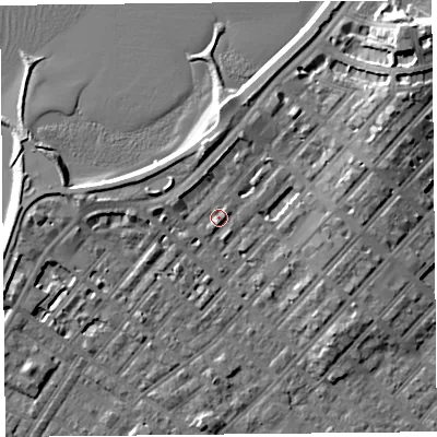 Shaded relief map of the ground around LA31RH, computed from Environment Agency LiDAR. The ground here sits at about 7 m above sea level and falls 13 m across the surrounding 800 m. Surface water reaching this point runs off ground lying to the north-east, 9.5 m higher.
