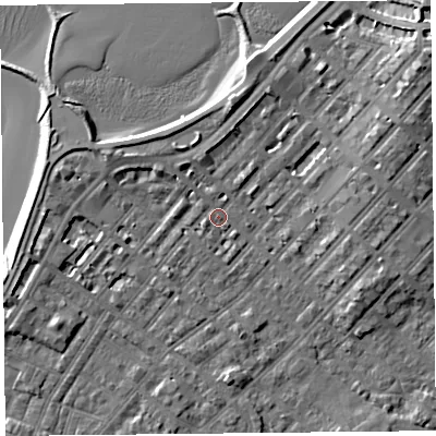 Shaded relief map of the ground around LA31RN, computed from Environment Agency LiDAR. The ground here sits at about 6 m above sea level and falls 11 m across the surrounding 800 m. Surface water reaching this point runs off ground lying to the north-north-east, 2.9 m higher.