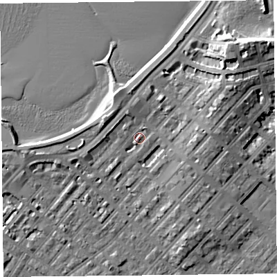 Shaded relief map of the ground around LA31RQ, computed from Environment Agency LiDAR. The ground here sits at about 7 m above sea level and falls 13 m across the surrounding 800 m. Surface water reaching this point runs off ground lying to the north-east, 10.2 m higher.