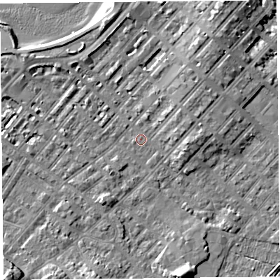 Shaded relief map of the ground around LA31RR, computed from Environment Agency LiDAR. The ground here sits at about 6 m above sea level and falls 8 m across the surrounding 800 m. Surface water reaching this point runs off ground lying to the north-east, 1.0 m higher.