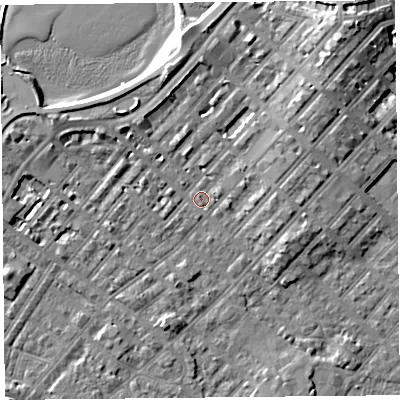 Shaded relief map of the ground around LA31RS, computed from Environment Agency LiDAR. The ground here sits at about 6 m above sea level and falls 9 m across the surrounding 800 m. Surface water reaching this point runs off ground lying to the north-east, 7.4 m higher.