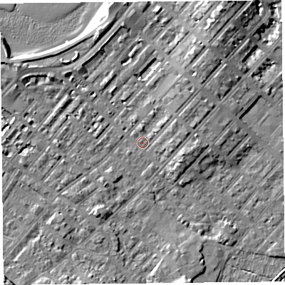 Shaded relief map of the ground around LA31RT, computed from Environment Agency LiDAR. The ground here sits at about 6 m above sea level and falls 8 m across the surrounding 800 m. Surface water reaching this point runs off ground lying to the north-east, 1.9 m higher.