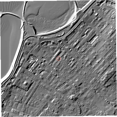 Shaded relief map of the ground around LA31RU, computed from Environment Agency LiDAR. The ground here sits at about 6 m above sea level and falls 7 m across the surrounding 800 m. Surface water reaching this point runs off ground lying to the north-north-east, 3.9 m higher.