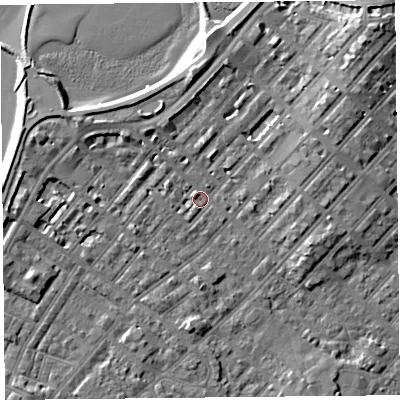 Shaded relief map of the ground around LA31RW, computed from Environment Agency LiDAR. The ground here sits at about 6 m above sea level and falls 10 m across the surrounding 800 m. Surface water reaching this point runs off ground lying to the north-east, 7.4 m higher.
