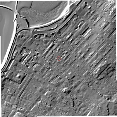 Shaded relief map of the ground around LA31RX, computed from Environment Agency LiDAR. The ground here sits at about 6 m above sea level and falls 9 m across the surrounding 800 m. Surface water reaching this point runs off ground lying to the north-north-east, 0.7 m higher.