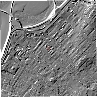 Shaded relief map of the ground around LA31RY, computed from Environment Agency LiDAR. The ground here sits at about 6 m above sea level and falls 10 m across the surrounding 800 m. Surface water reaching this point runs off ground lying to the north-west, 1.3 m higher.