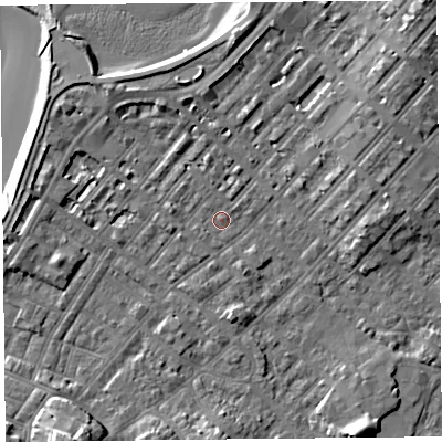 Shaded relief map of the ground around LA31RZ, computed from Environment Agency LiDAR. The ground here sits at about 6 m above sea level and falls 10 m across the surrounding 800 m. Surface water reaching this point runs off ground lying to the north, 4.0 m higher.