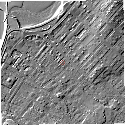 Shaded relief map of the ground around LA31SA, computed from Environment Agency LiDAR. The ground here sits at about 6 m above sea level and falls 10 m across the surrounding 800 m. Surface water reaching this point runs off ground lying to the north-west, 1.1 m higher.