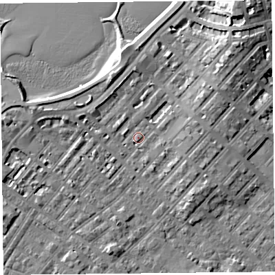 Shaded relief map of the ground around LA31SB, computed from Environment Agency LiDAR. The ground here sits at about 6 m above sea level and falls 13 m across the surrounding 800 m. Surface water reaching this point runs off ground lying to the east-north-east, 3.3 m higher.