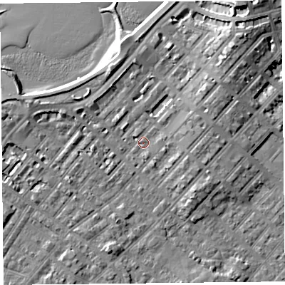 Shaded relief map of the ground around LA31SD, computed from Environment Agency LiDAR. The ground here sits at about 6 m above sea level and falls 11 m across the surrounding 800 m. Surface water reaching this point runs off ground lying to the east-north-east, 2.5 m higher.