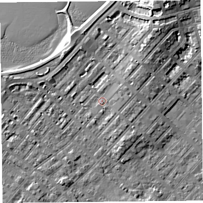 Shaded relief map of the ground around LA31SF, computed from Environment Agency LiDAR. The ground here sits at about 7 m above sea level and falls 13 m across the surrounding 800 m. Surface water reaching this point runs off ground lying to the east-north-east, 2.1 m higher.