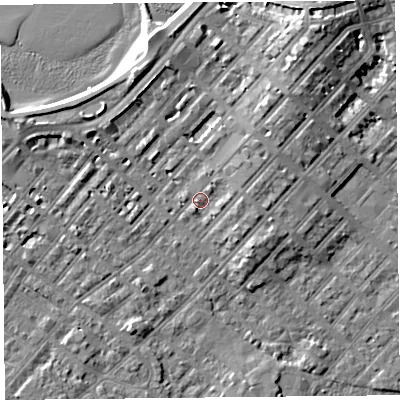 Shaded relief map of the ground around LA31SH, computed from Environment Agency LiDAR. The ground here sits at about 6 m above sea level and falls 9 m across the surrounding 800 m. Surface water reaching this point runs off ground lying to the north-east, 2.7 m higher.