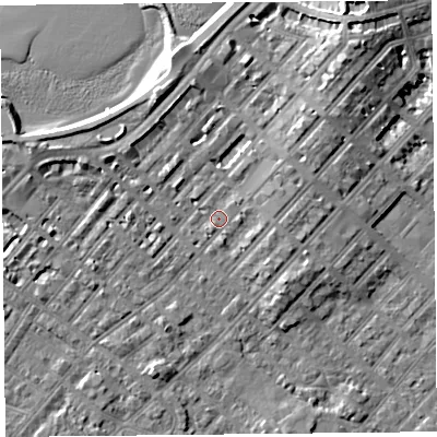 Shaded relief map of the ground around LA31SJ, computed from Environment Agency LiDAR. The ground here sits at about 6 m above sea level and falls 10 m across the surrounding 800 m. Surface water reaching this point runs off ground lying to the north-east, 2.6 m higher.