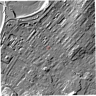 Shaded relief map of the ground around LA31SL, computed from Environment Agency LiDAR. The ground here sits at about 6 m above sea level and falls 9 m across the surrounding 800 m. Surface water reaching this point runs off ground lying to the north-east, 6.9 m higher.