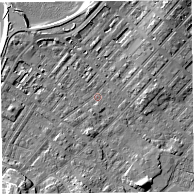 Shaded relief map of the ground around LA31SN, computed from Environment Agency LiDAR. The ground here sits at about 5 m above sea level and falls 9 m across the surrounding 800 m. Surface water reaching this point runs off ground lying to the north-east, 6.1 m higher.