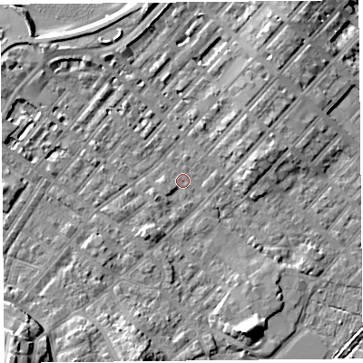 Shaded relief map of the ground around LA31SR, computed from Environment Agency LiDAR. The ground here sits at about 5 m above sea level and falls 10 m across the surrounding 800 m. Surface water reaching this point runs off ground lying to the north-north-east, 5.4 m higher.