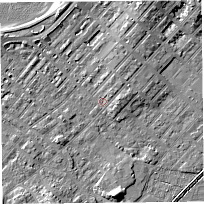 Shaded relief map of the ground around LA31SS, computed from Environment Agency LiDAR. The ground here sits at about 6 m above sea level and falls 7 m across the surrounding 800 m. Surface water reaching this point runs off ground lying to the north-east, 2.5 m higher.