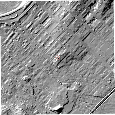 Shaded relief map of the ground around LA31ST, computed from Environment Agency LiDAR. The ground here sits at about 8 m above sea level and falls 7 m across the surrounding 800 m. Surface water reaching this point runs off ground lying to the north-east, 1.9 m higher.