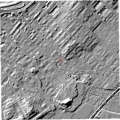 Shaded relief map of the ground around LA31SU, computed from Environment Agency LiDAR. The ground here sits at about 5 m above sea level and falls 7 m across the surrounding 800 m. Surface water reaching this point runs off ground lying to the south-south-west, 6.1 m higher.
