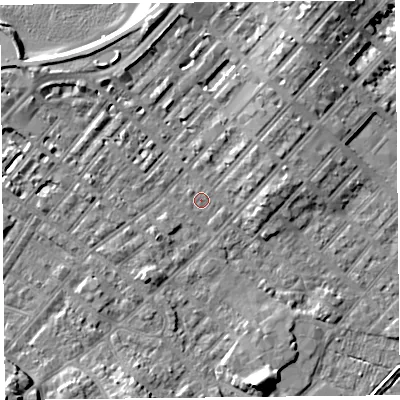 Shaded relief map of the ground around LA31SW, computed from Environment Agency LiDAR. The ground here sits at about 6 m above sea level and falls 9 m across the surrounding 800 m. Surface water reaching this point runs off ground lying to the north-east, 0.6 m higher.
