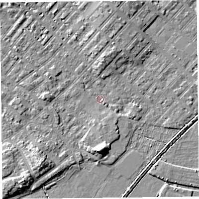 Shaded relief map of the ground around LA31SX, computed from Environment Agency LiDAR. The ground here sits at about 5 m above sea level and falls 7 m across the surrounding 800 m. Surface water reaching this point runs off ground lying to the south-west, 6.1 m higher.