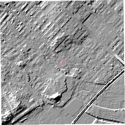 Shaded relief map of the ground around LA31SY, computed from Environment Agency LiDAR. The ground here sits at about 5 m above sea level and falls 7 m across the surrounding 800 m. Surface water reaching this point runs off ground lying to the south-west, 6.1 m higher.